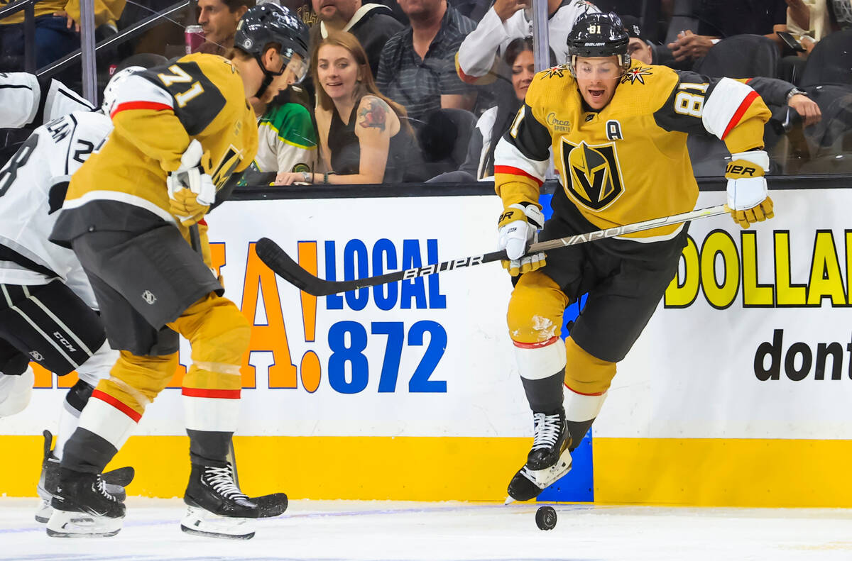 Golden Knights center Jonathan Marchessault (81) chases after the puck during the first period ...