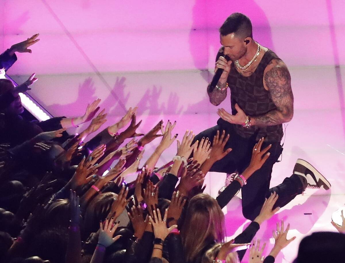 Adam Levine of Maroon 5 performs during the halftime show at the NFL Super Bowl 53 football gam ...