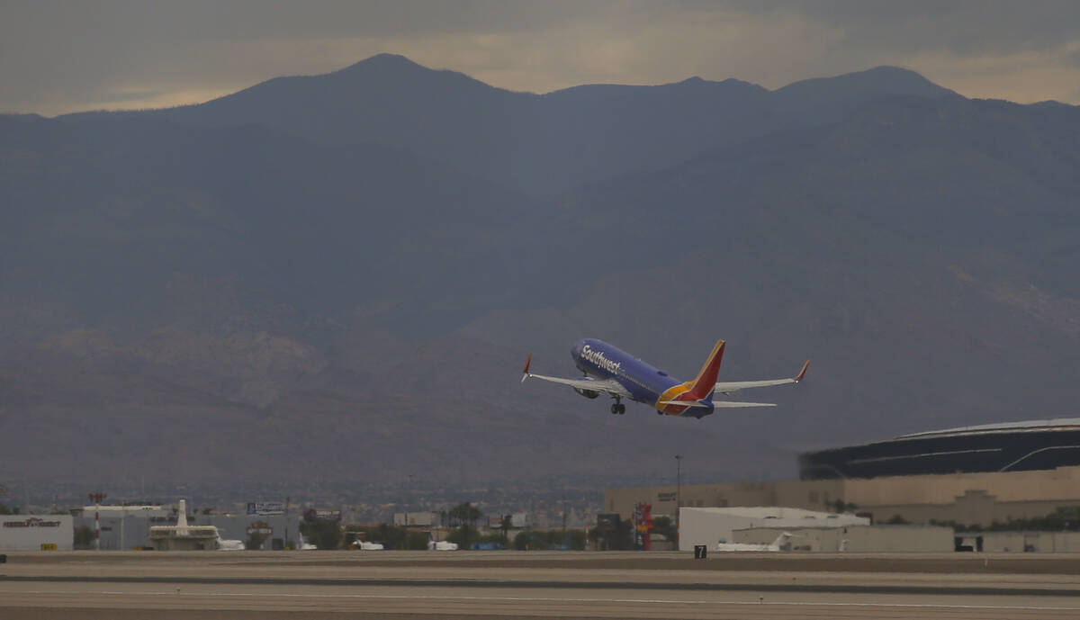 A Southwest plane takes off at Harry Reid International Airport on Tuesday, July 26, 2022, in L ...