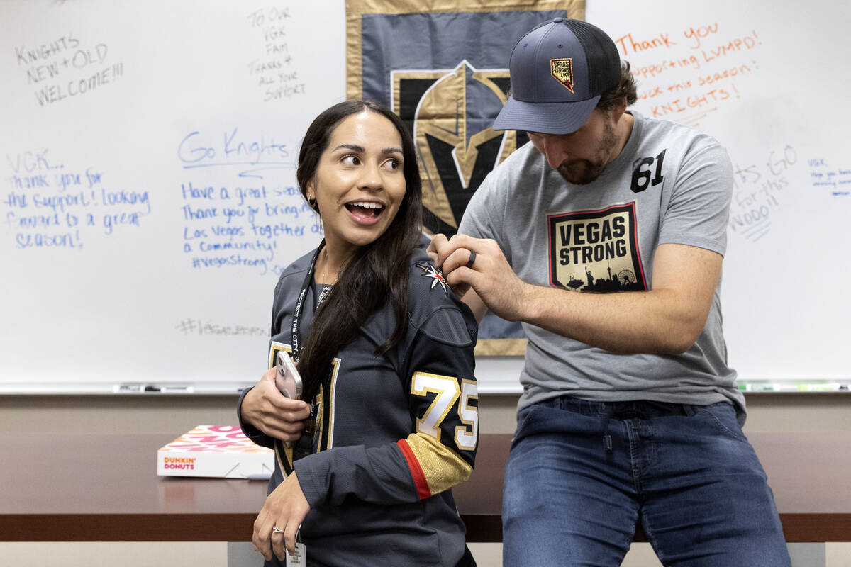 Golden Knights right wing Mark Stone signs 911 call taker Brittany Minton’s jersey at Me ...