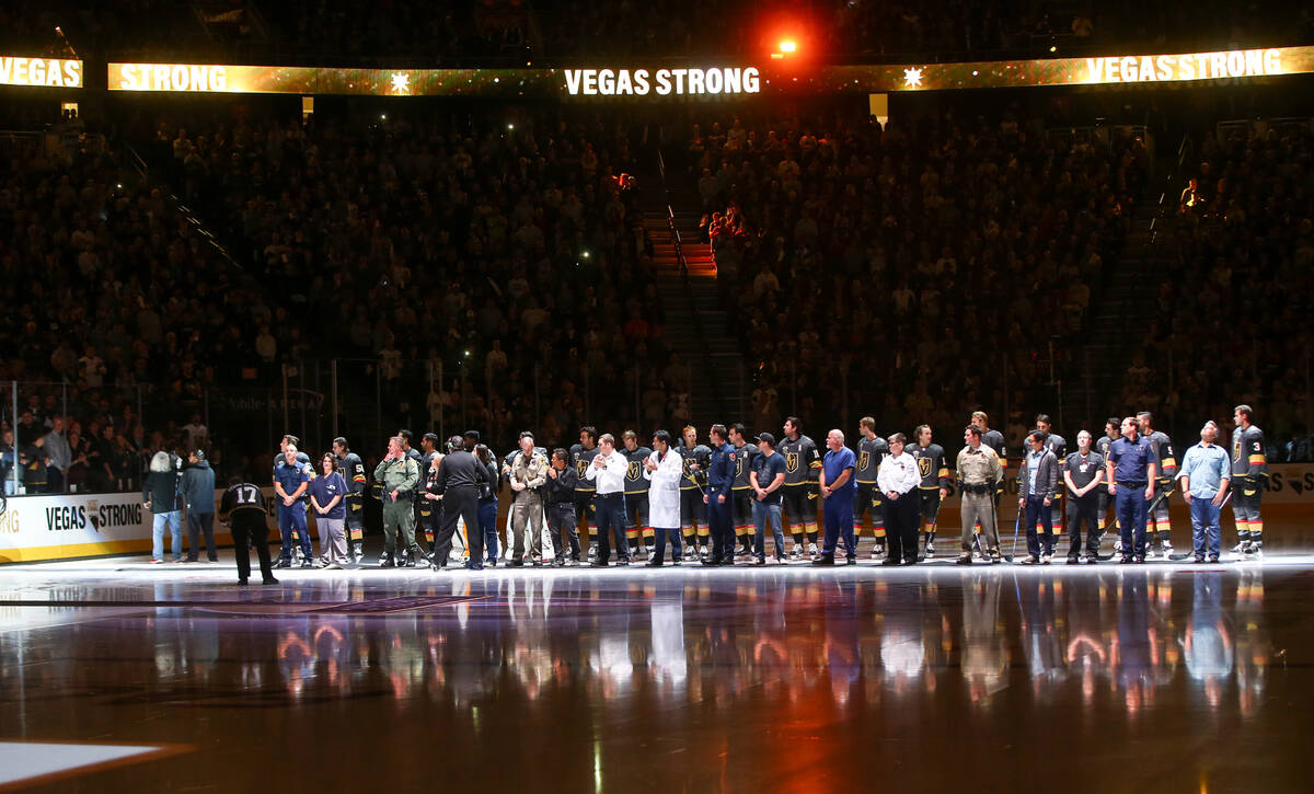 Members of the Vegas Golden Knights are introduced with first responders before playing the Ari ...