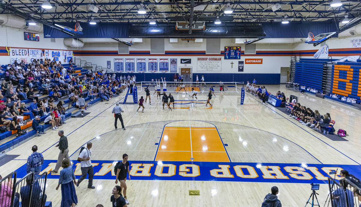 Bishop Gorman battles Faith Lutheran during the first set of their NIAA volleyball match on Tue ...