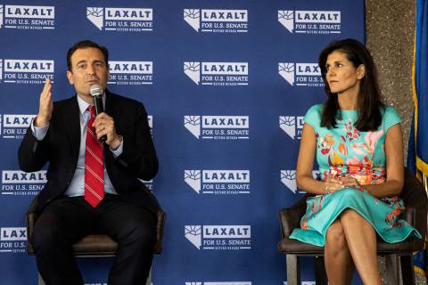 Nevada Republican U.S. Senate candidate Adam Laxalt speaks alongside former United Nations Amba ...