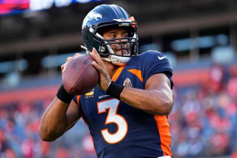 Denver Broncos quarterback Russell Wilson before an NFL football game against the San Francisco ...