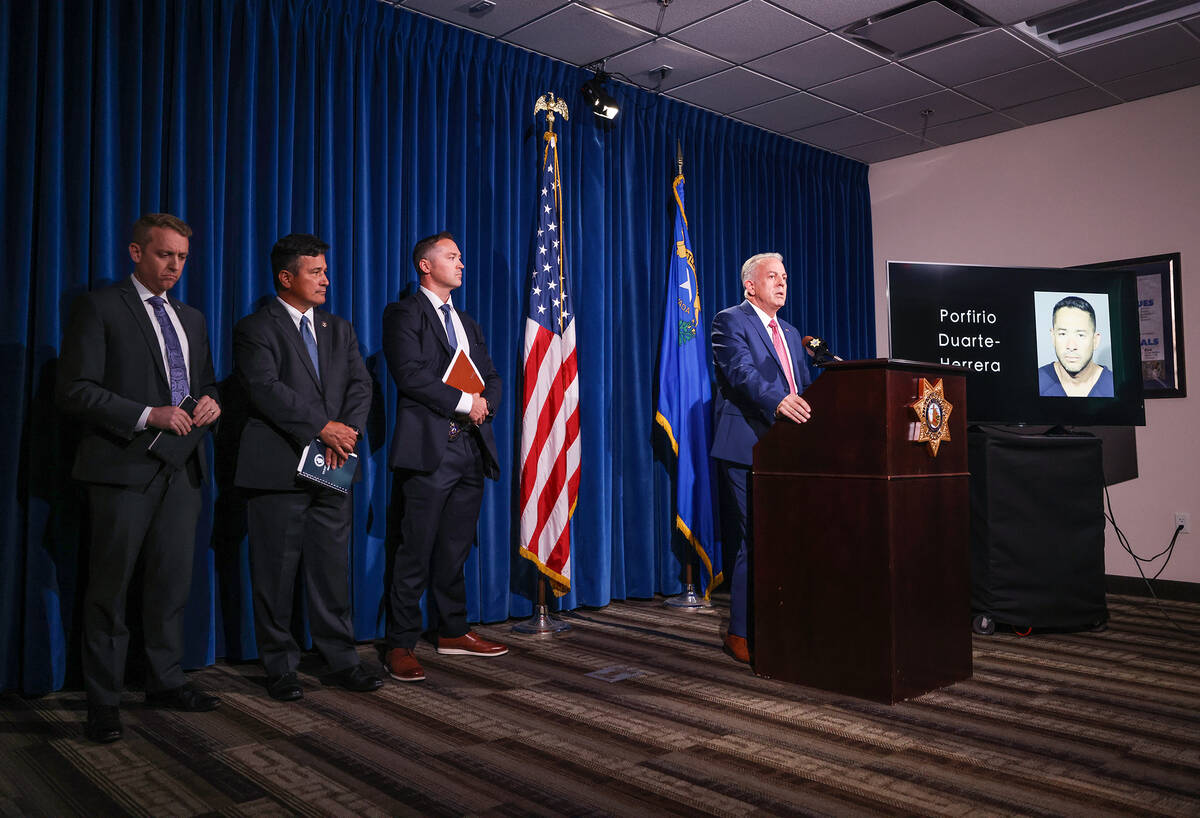 Clark Country Sheriff Joe Lombardo addresses the media concerning the apprehension and arrest o ...