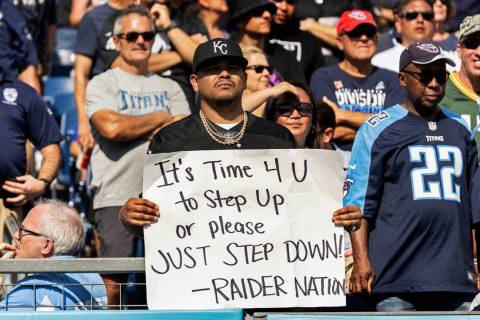 Raiders fans during an NFL football game against the Tennessee Titans on Sunday, Sept. 25, 2022 ...