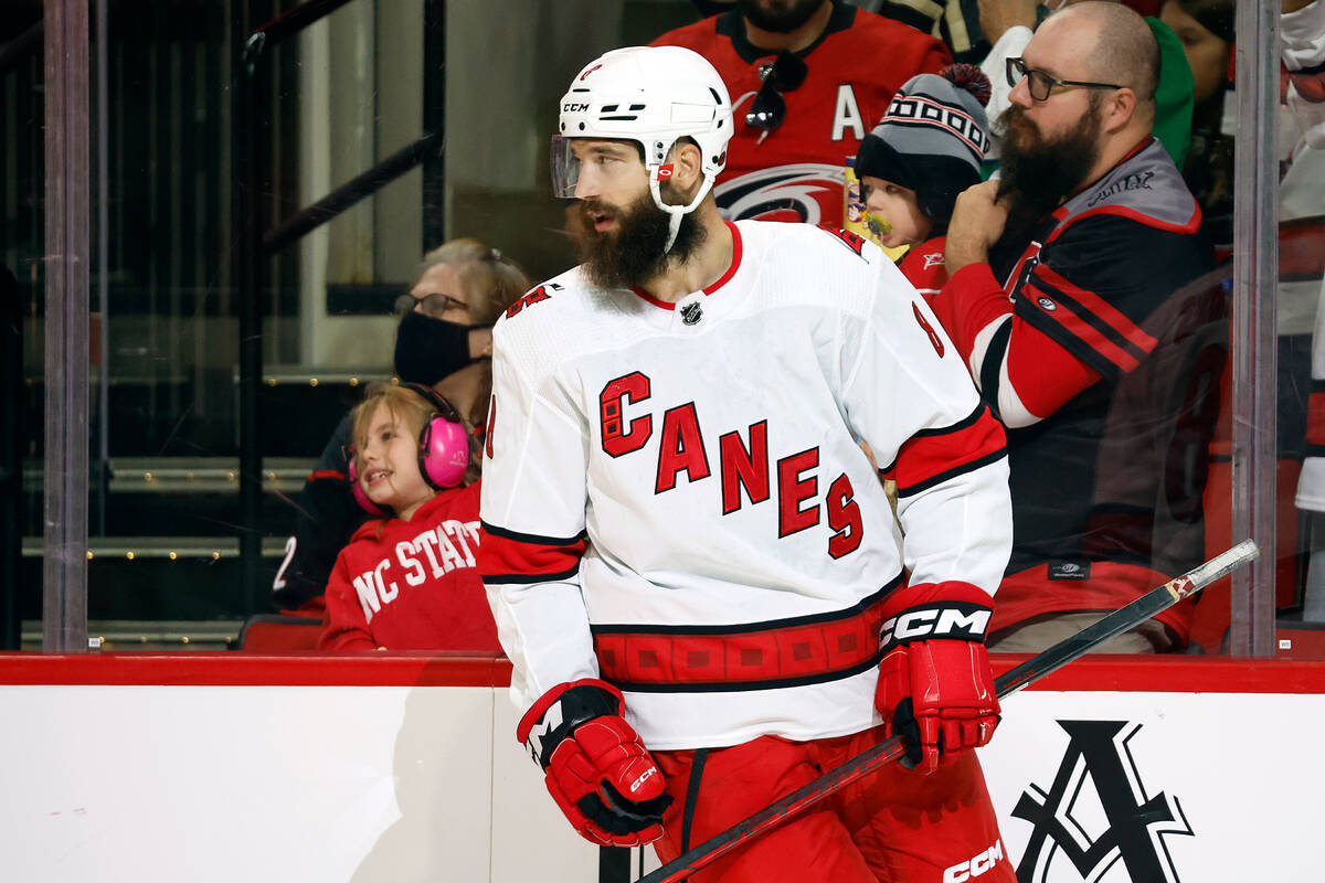 Carolina Hurricanes' Brent Burns (8) celebrates his goal against the Florida Panthers during th ...