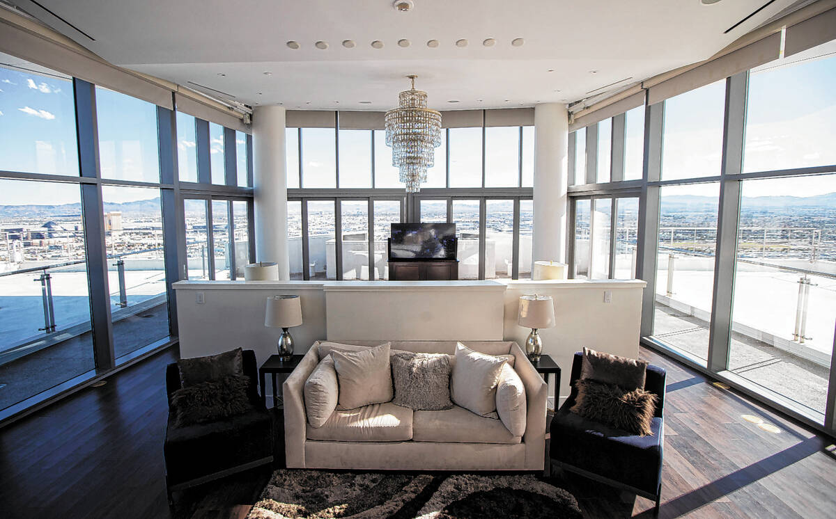 The master suite Is seen at the Palms Place penthouse locator on the entire top floor of the bu ...