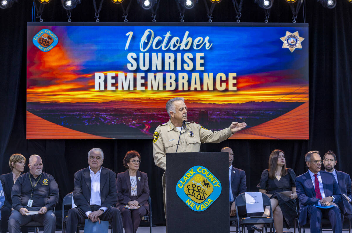 Sheriff Joe Lombardo welcomes all with dignitaries behind during the Sunrise Remembrance Cerem ...