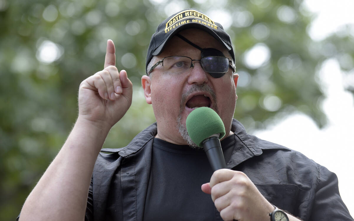 FILE - Stewart Rhodes, founder of the Oath Keepers, speaks during a rally outside the White Hou ...