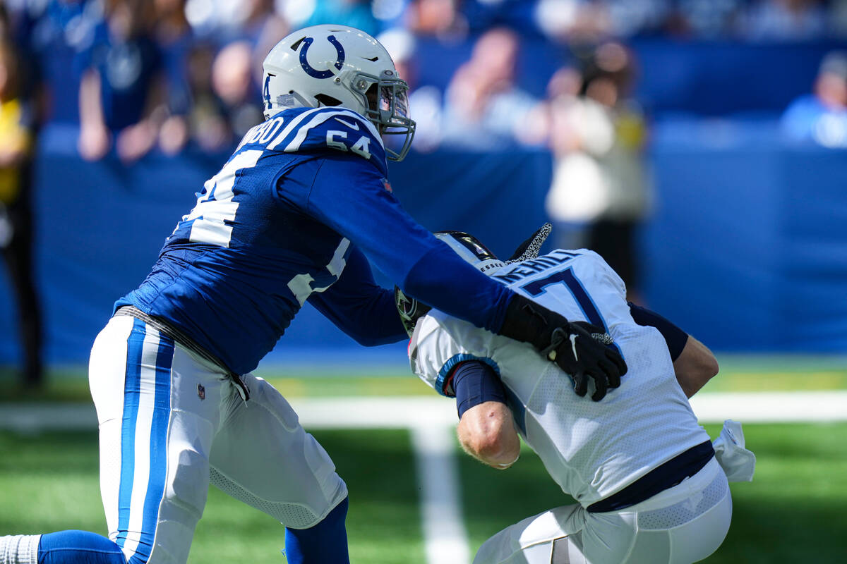 Indianapolis Colts defensive end Dayo Odeyingbo sacks Tennessee Titans quarterback Ryan Tannehi ...