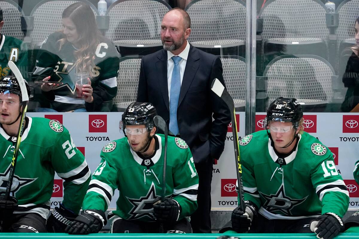 Dallas Stars head coach Peter DeBoer, top, Roope Hintz (24), Riley Damiani (13) and Riley Tufte ...