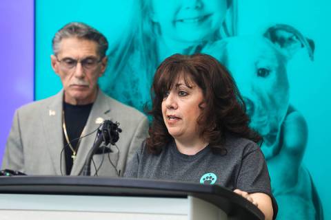 Hilarie Grey, chief executive officer at the Animal Foundation, addresses the media at a press ...