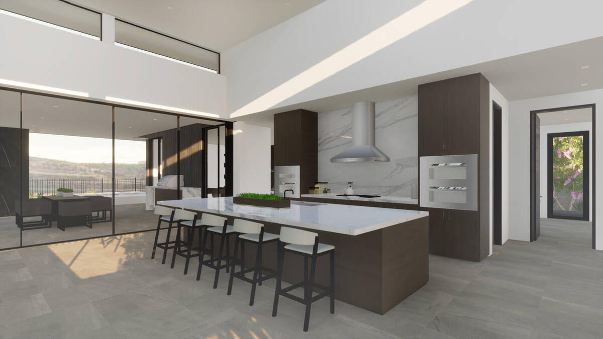 The gourmet kitchen design, still in development, integrates two-tone wood-grained custom cabin ...