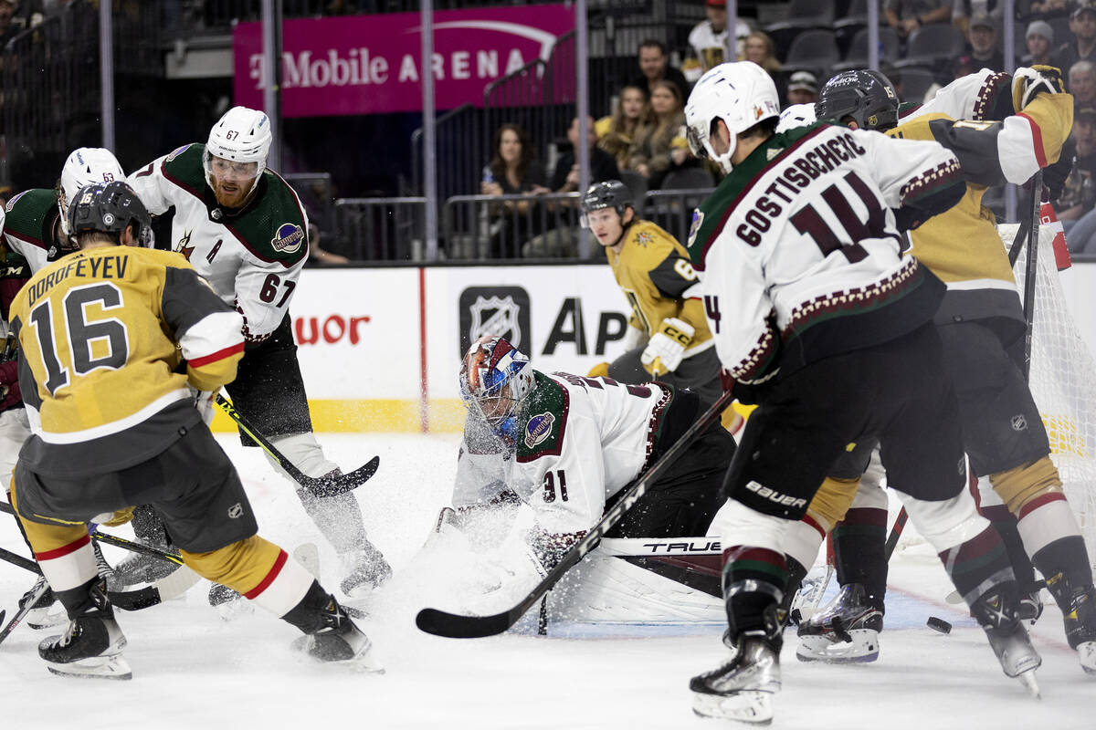 Golden Knights left wing Pavel Dorofeyev (16) attempts to score against Coyotes goaltender Jona ...