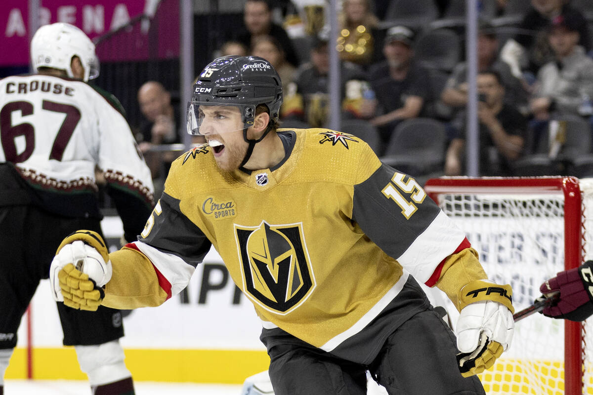 Golden Knights center Jake Leschyshyn (15) reacts after Coyotes goaltender Jonas Johansson (31) ...