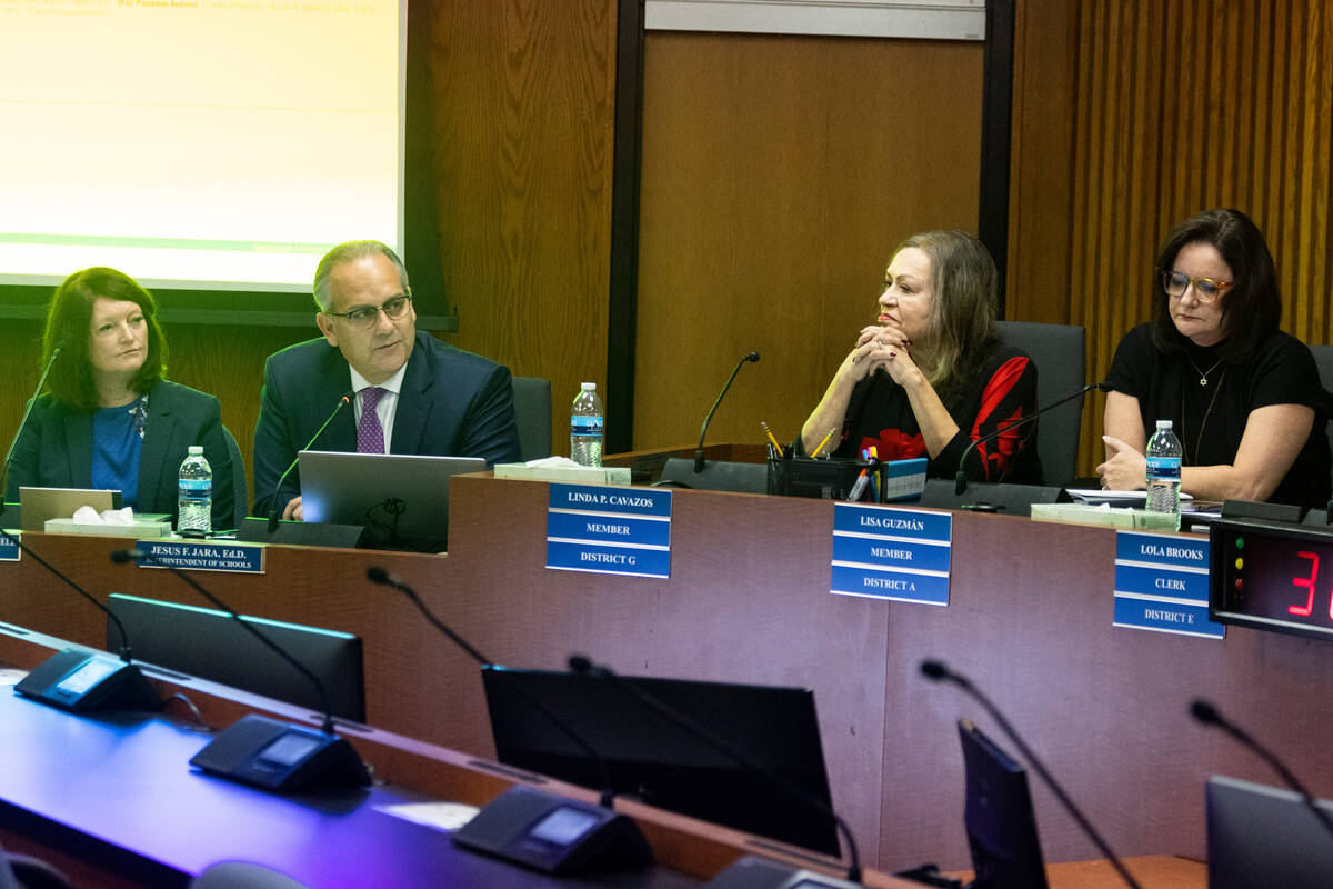 Clark County School District Superintendent Jesus Jara, second from left, speaks during a Clark ...