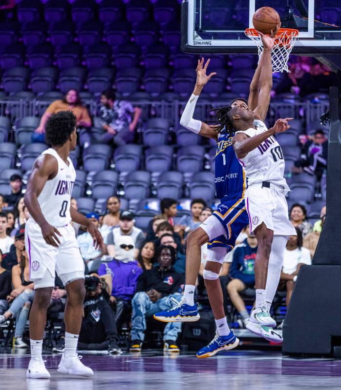 Metropolitans 92 center Victor Wembanyama (1) rejects a shot by NBA G League Ignite forward Efe ...