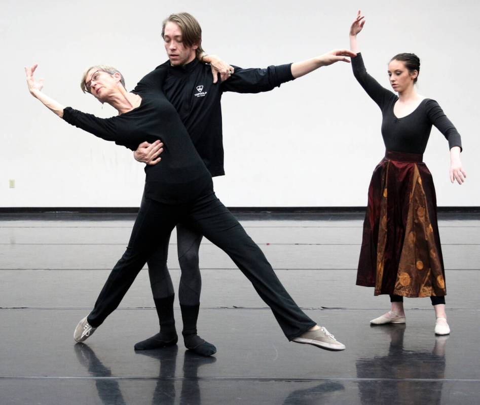 UNLV dance instructor Clarice Rathers, left, rehearses with UNLV dancers Zack Frongillo and Kal ...