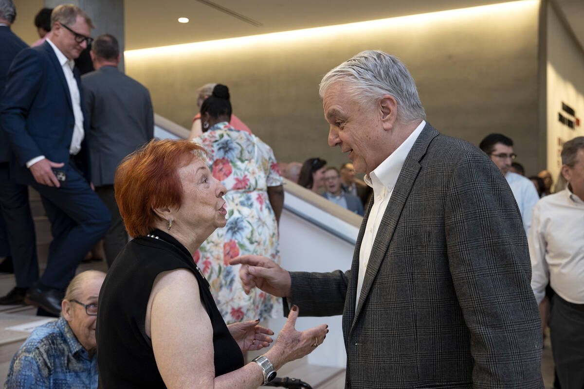 Kirk Kerkorian School of Medicine Founding Dean Emeritus Dr. Barbara Atkinson greets Gov. Steve ...