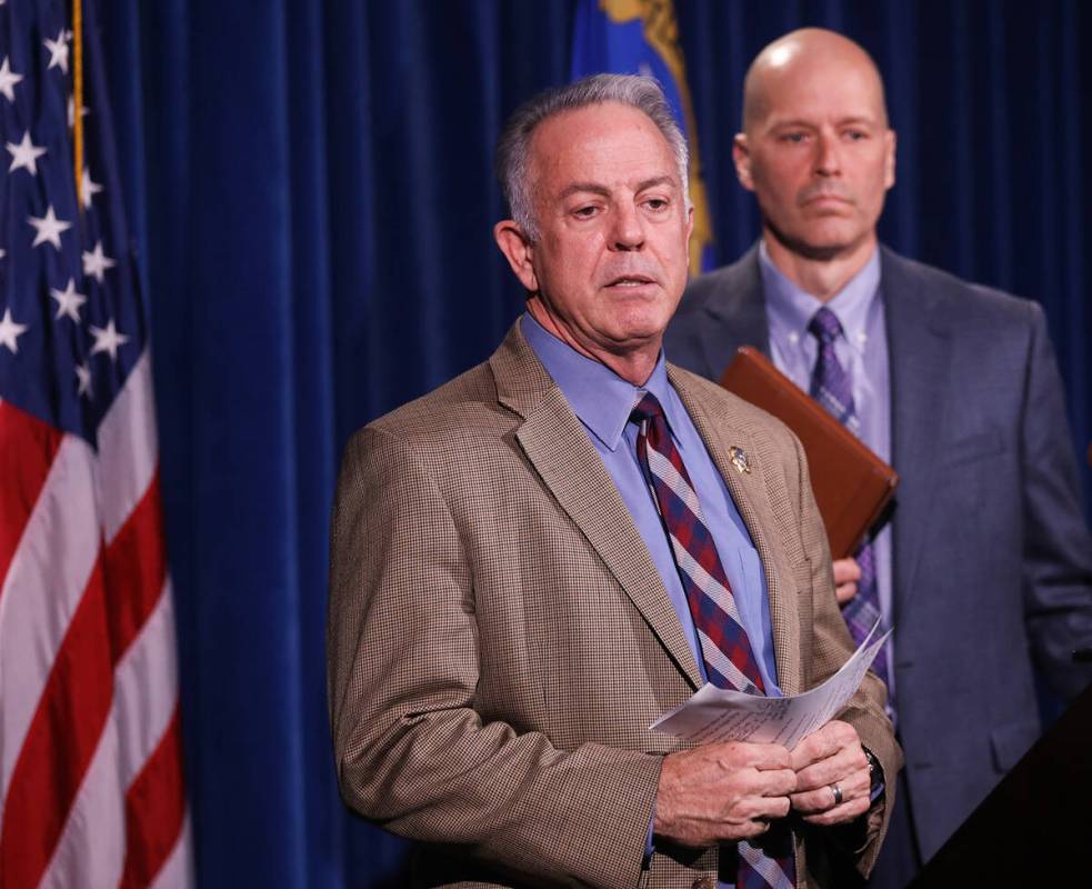 Clark County Sheriff Joe Lombardo addresses the media regarding a stabbing on the Strip with mu ...