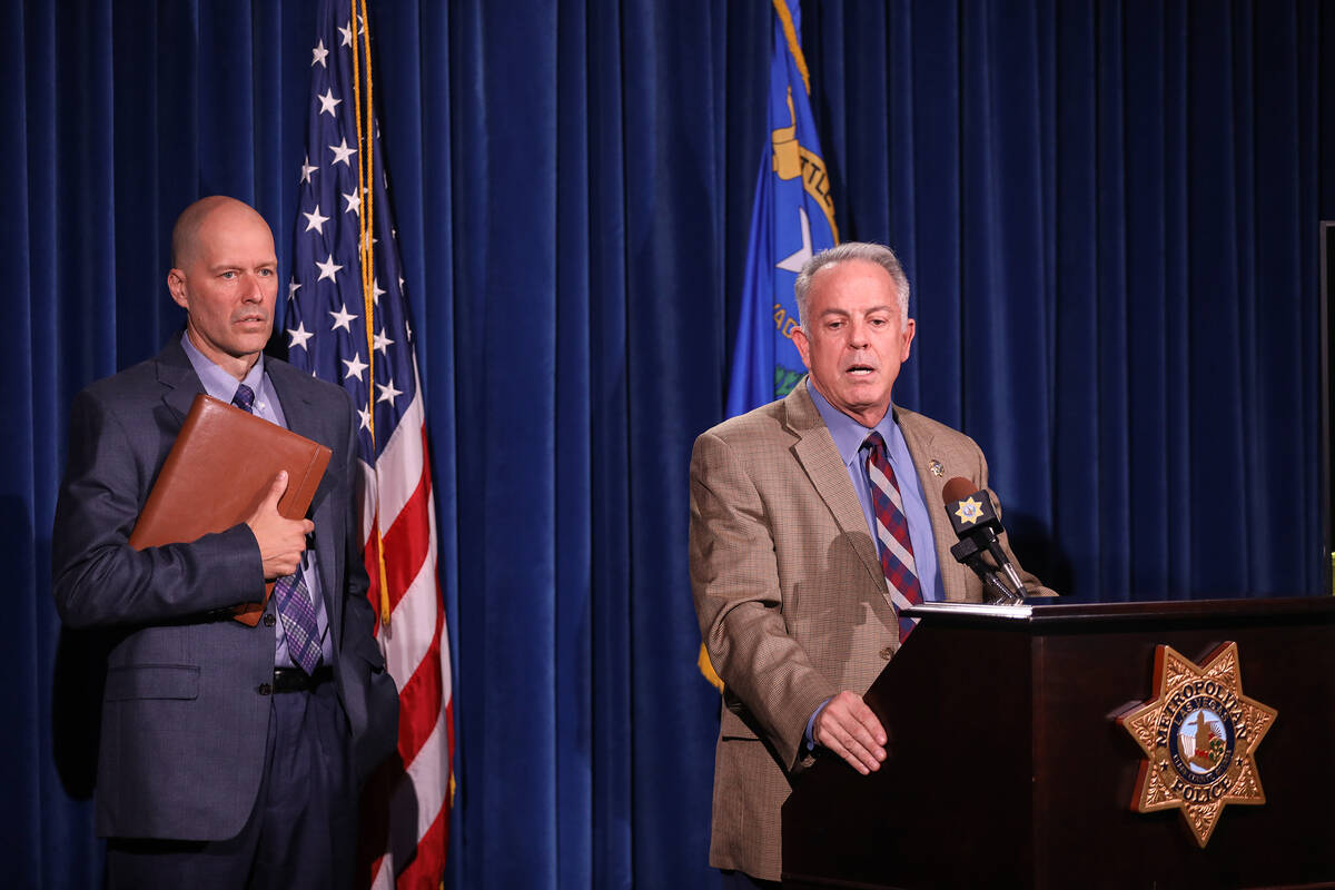 Clark County Sheriff Joe Lombardo addresses the media next to Metropolitan Police Department Li ...