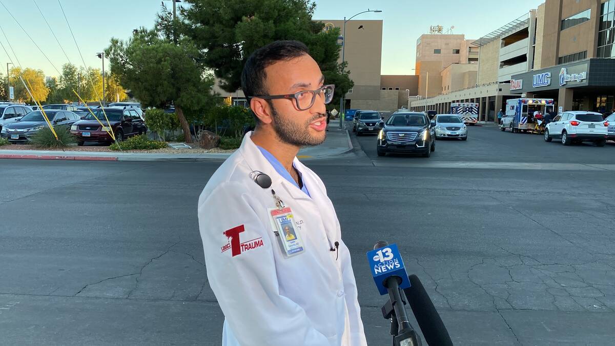 University Medical Center Trauma Surgeon Kevin Kuruvilla provides an update to the media outsid ...