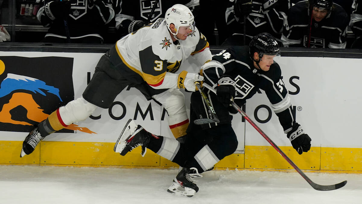 Vegas Golden Knights defenseman Brayden McNabb (3) and Los Angeles Kings right wing Arthur Kali ...