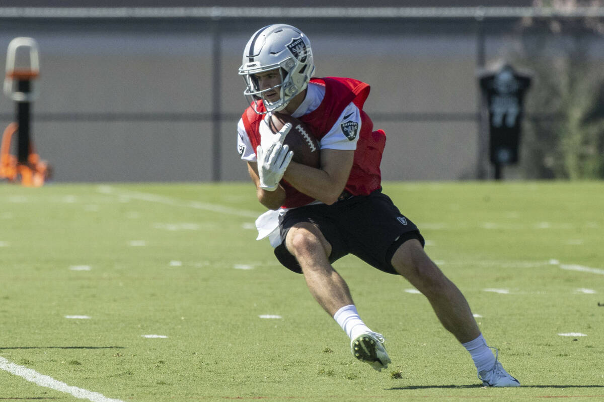 Raiders wide receiver Hunter Renfrow (13) makes a catch during practice at the Intermountain He ...