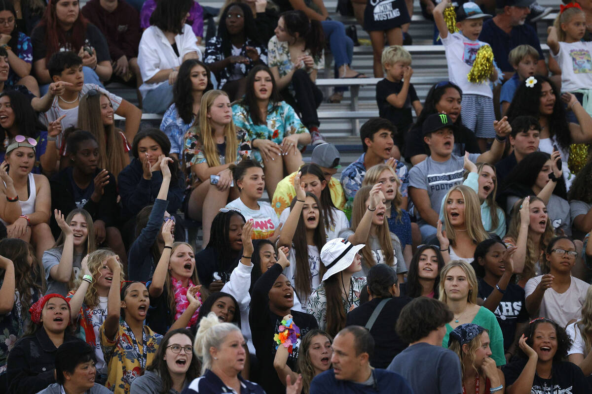 Shadow Ridge High School fans cheer during the first half of a football game, Friday, Oct. 7, 2 ...