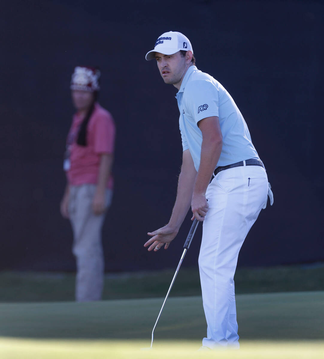 Patrick Cantlay reacts after missing his birdie on the eighteenth green during the third round ...