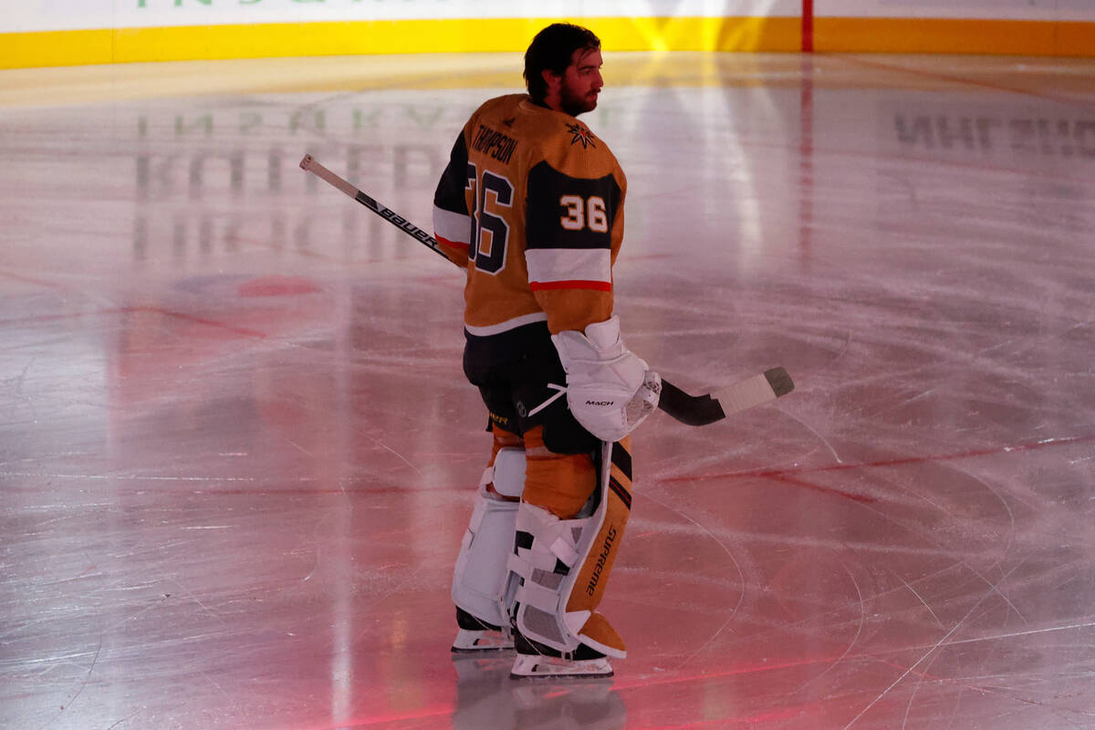 Vegas Golden Knights goalie Logan Thompson looks on during warmups before a preseason NHL hocke ...
