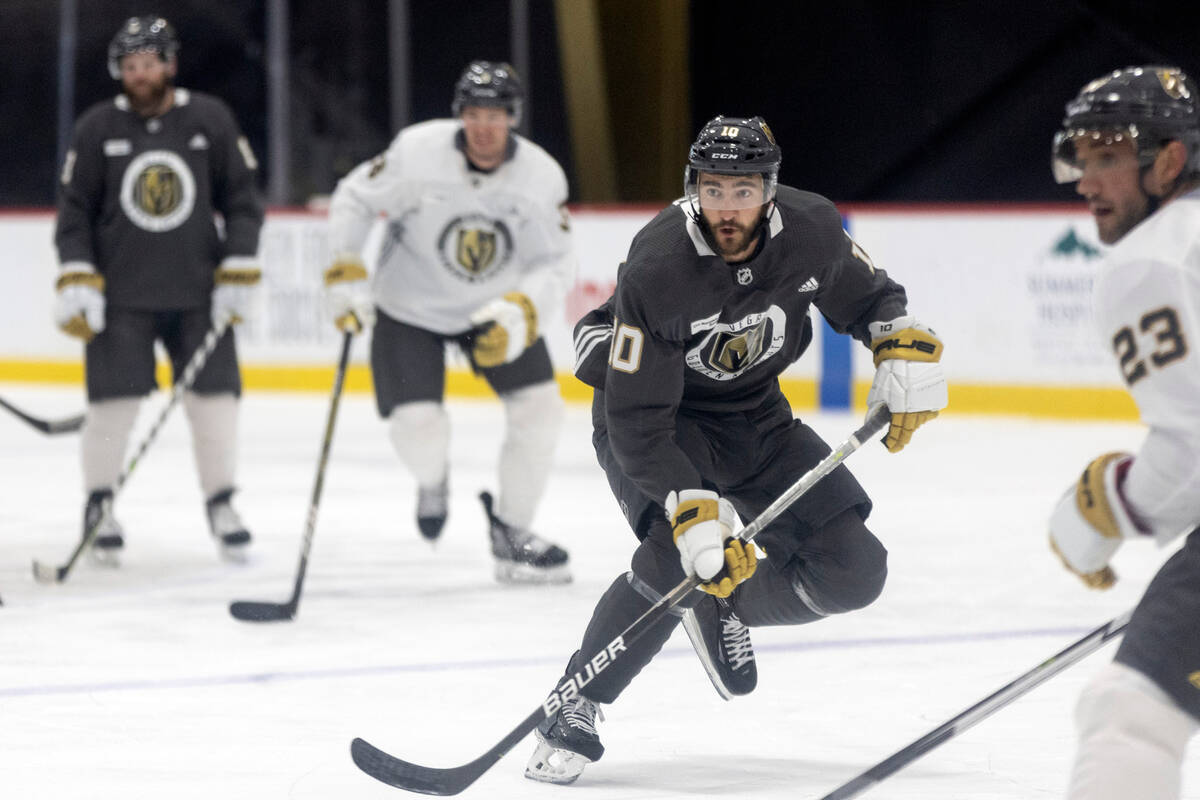 Golden Knights center Nicolas Roy (10) skates for the puck during training camp practice at Cit ...