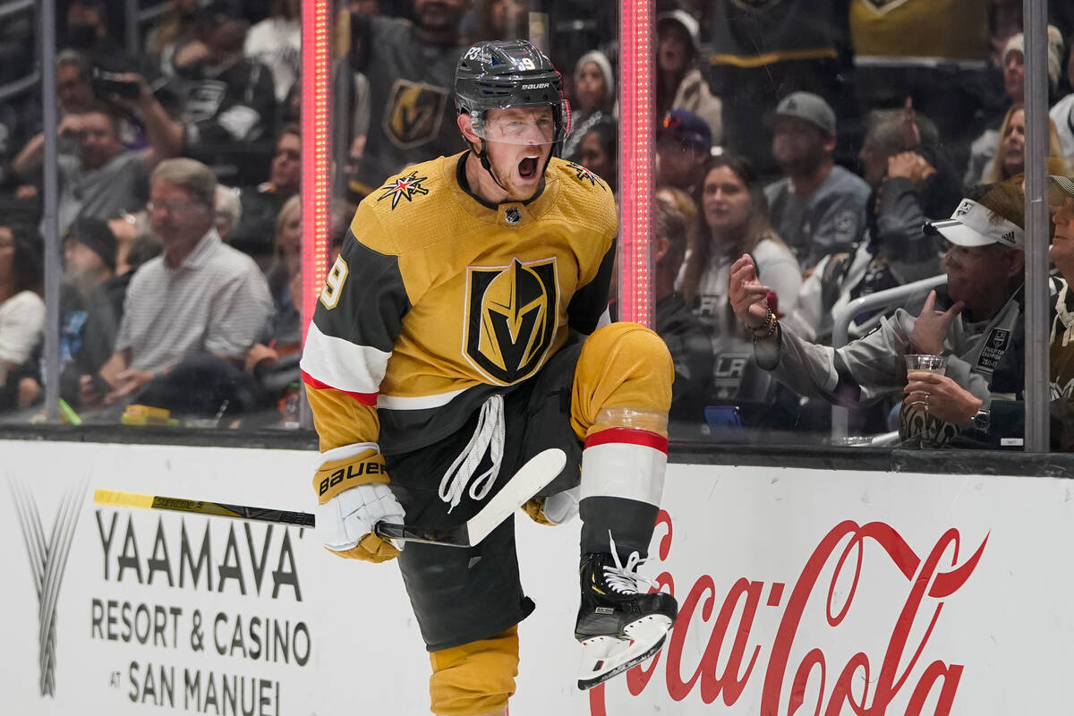 Vegas Golden Knights' Jack Eichel celebrates his goal against the Los Angeles Kings during the ...
