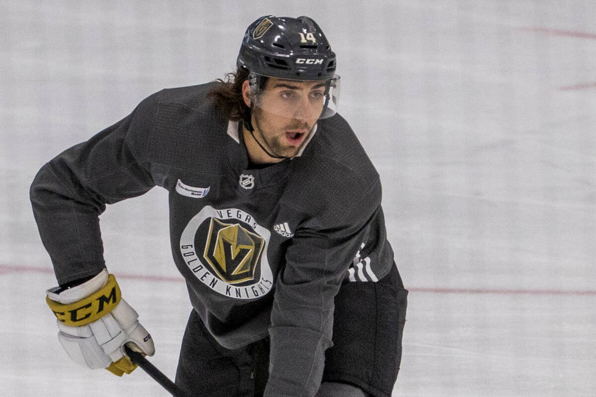 Vegas Golden Knights defenseman Nic Hague handles the puck during practice at City National Are ...