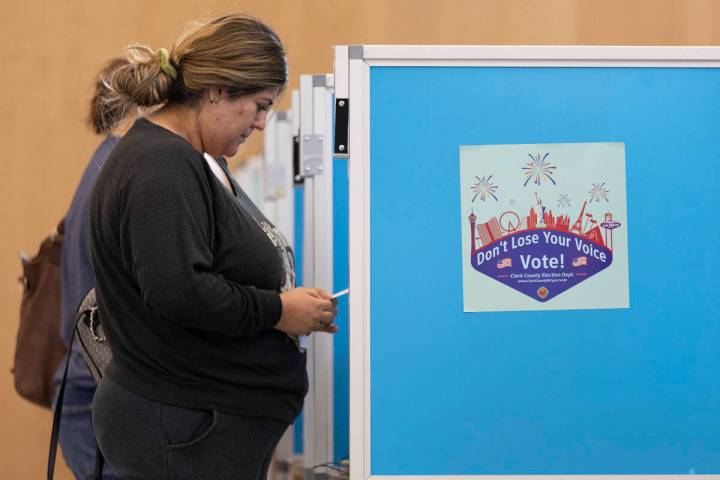 Karina Castro of Las Vegas casts her vote at the polling place inside of the East Las Vegas Lib ...