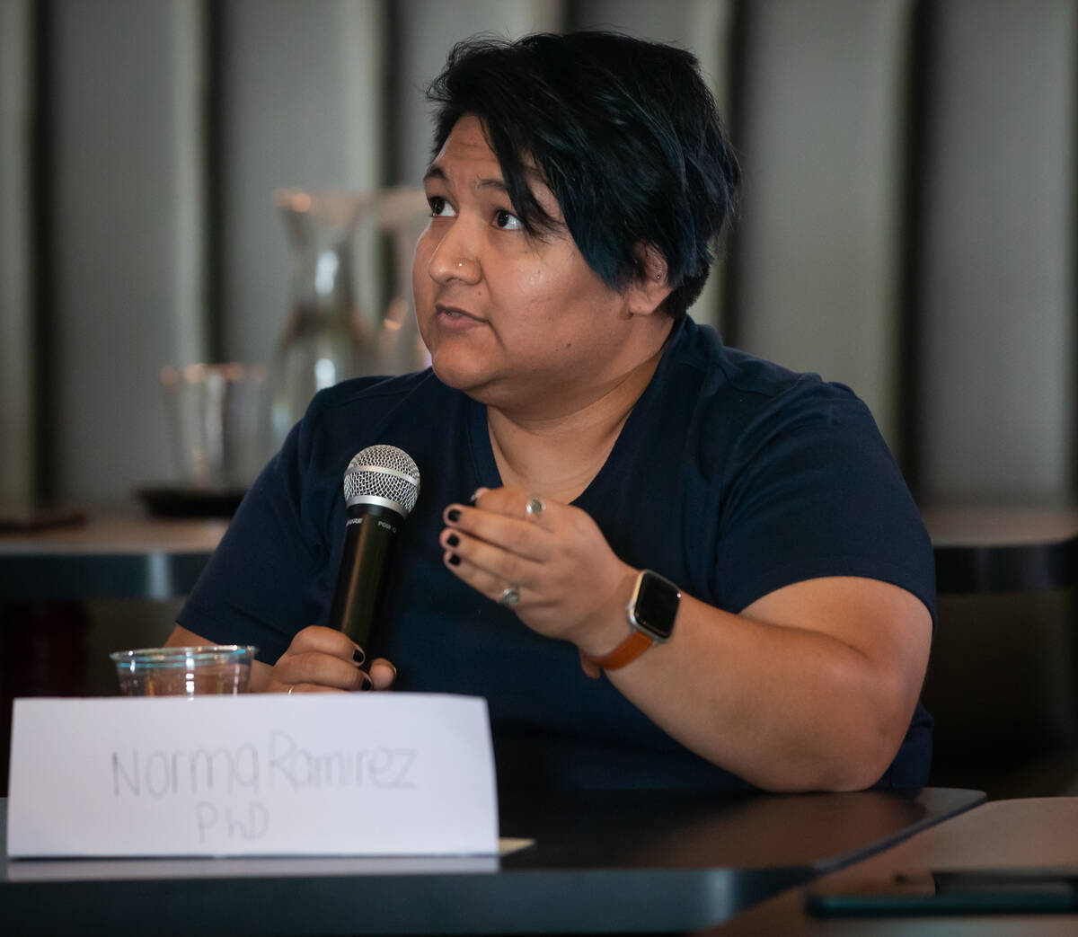 Norma Ramirez speaks during a round table discussion regarding the potential upending of the DA ...