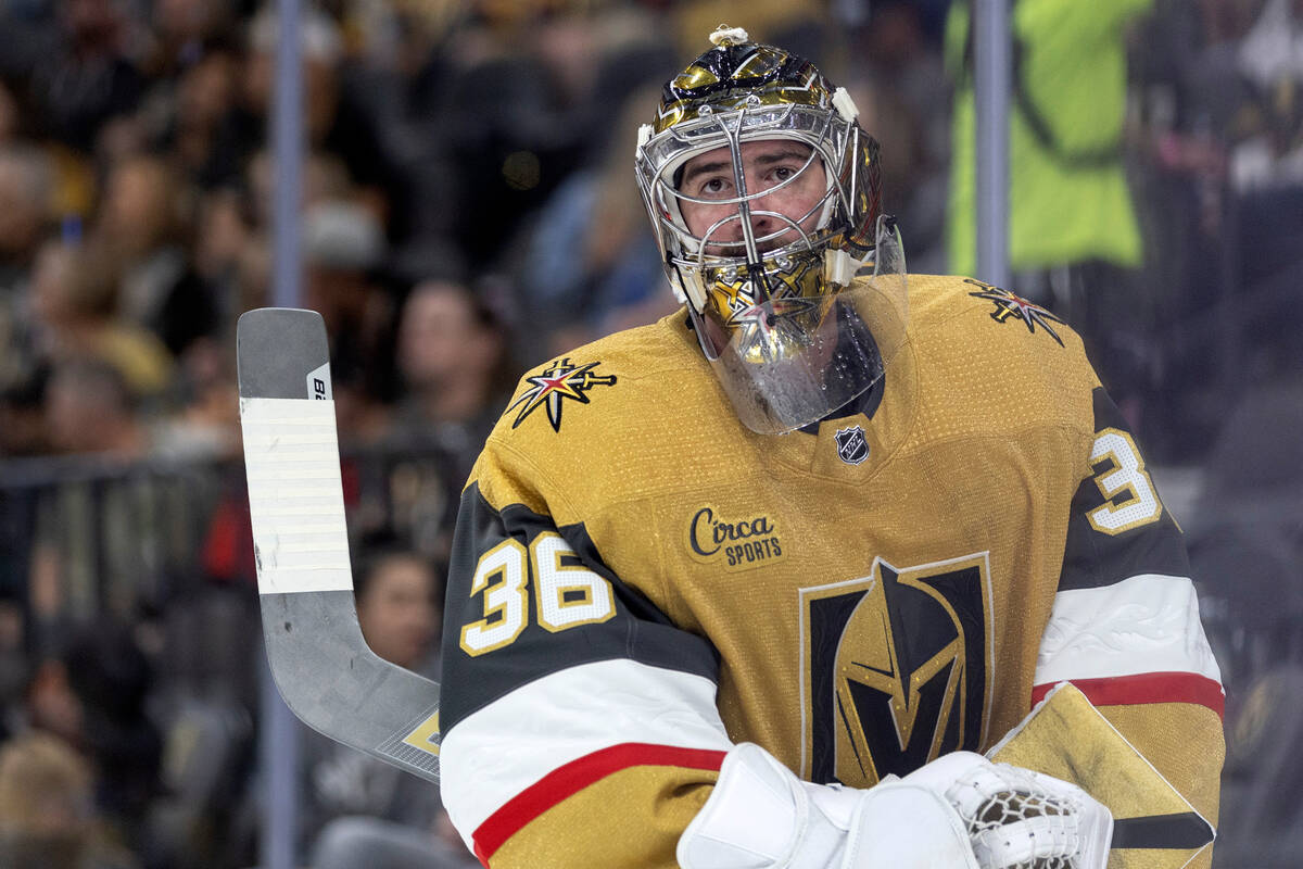 Golden Knights goaltender Logan Thompson (36) skates around the net after making a save against ...