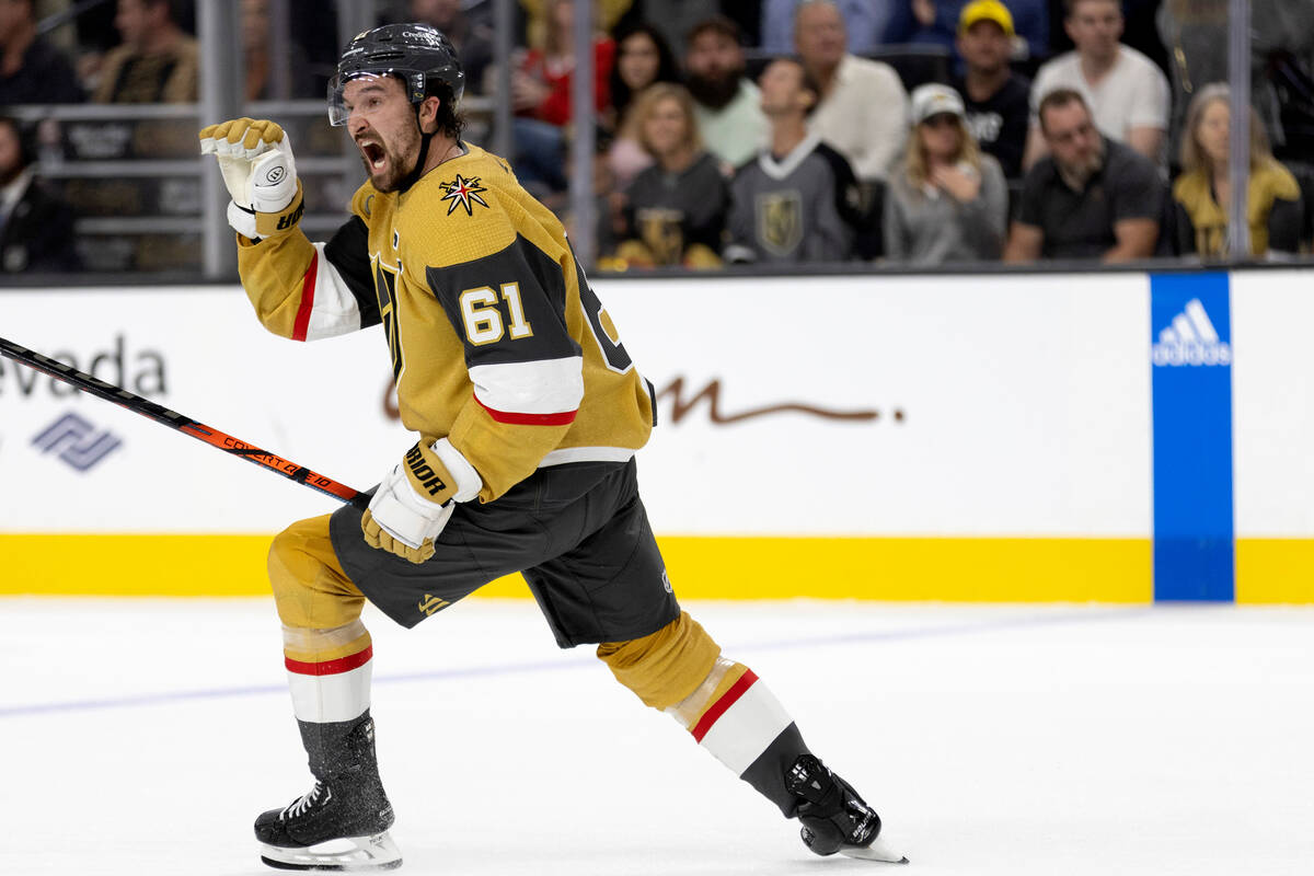 Golden Knights right wing Mark Stone (61) reacts to a referee’s call during the third pe ...