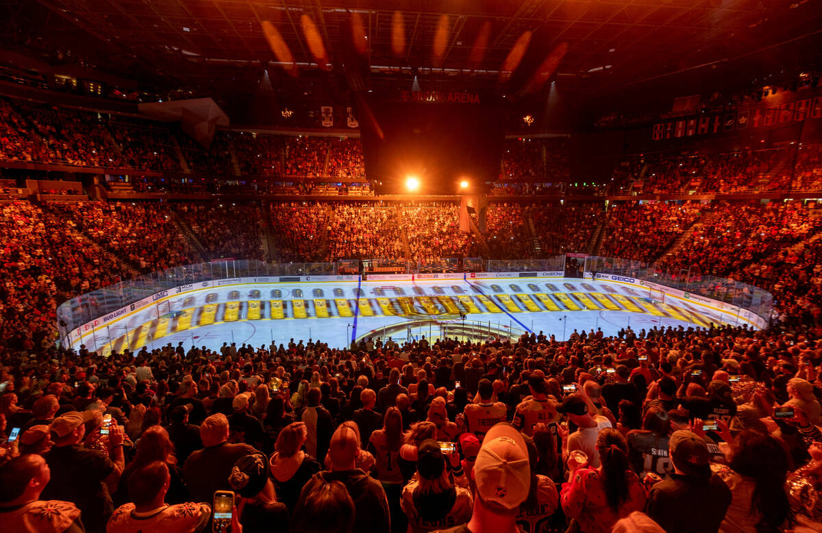 The opening ceremonies begin for the Golden Knights versus the Chicago Blackhawks for the first ...