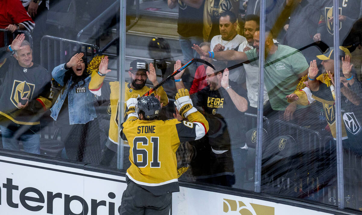 Golden Knights right wing Mark Stone (61) celebrates their win over the Chicago Blackhawks 1-0 ...