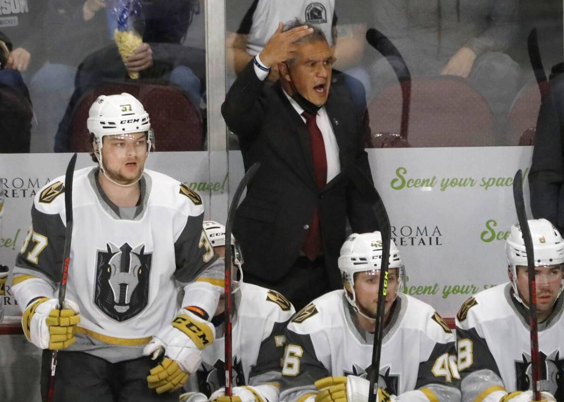 Henderson Silver Knights head coach Manny Viveiros gestures during the first period of a hockey ...