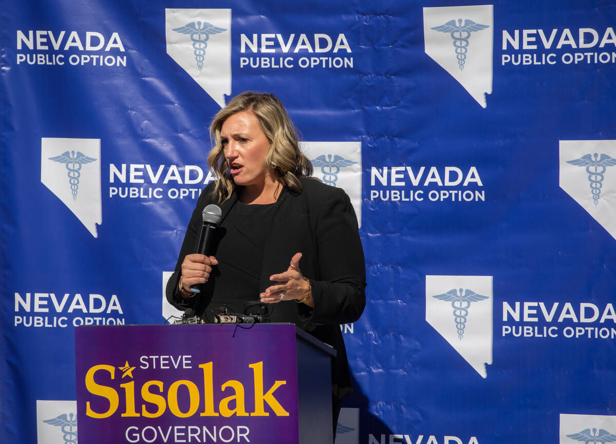 State Senate Majority Leader Nicole Cannizzaro, D-Las Vegas, speaks at a press conference on Th ...