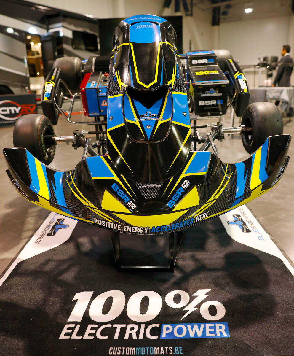 Blue Shock Race professional electric Go-kart is displayed during Big Boys Toys Innovation and ...