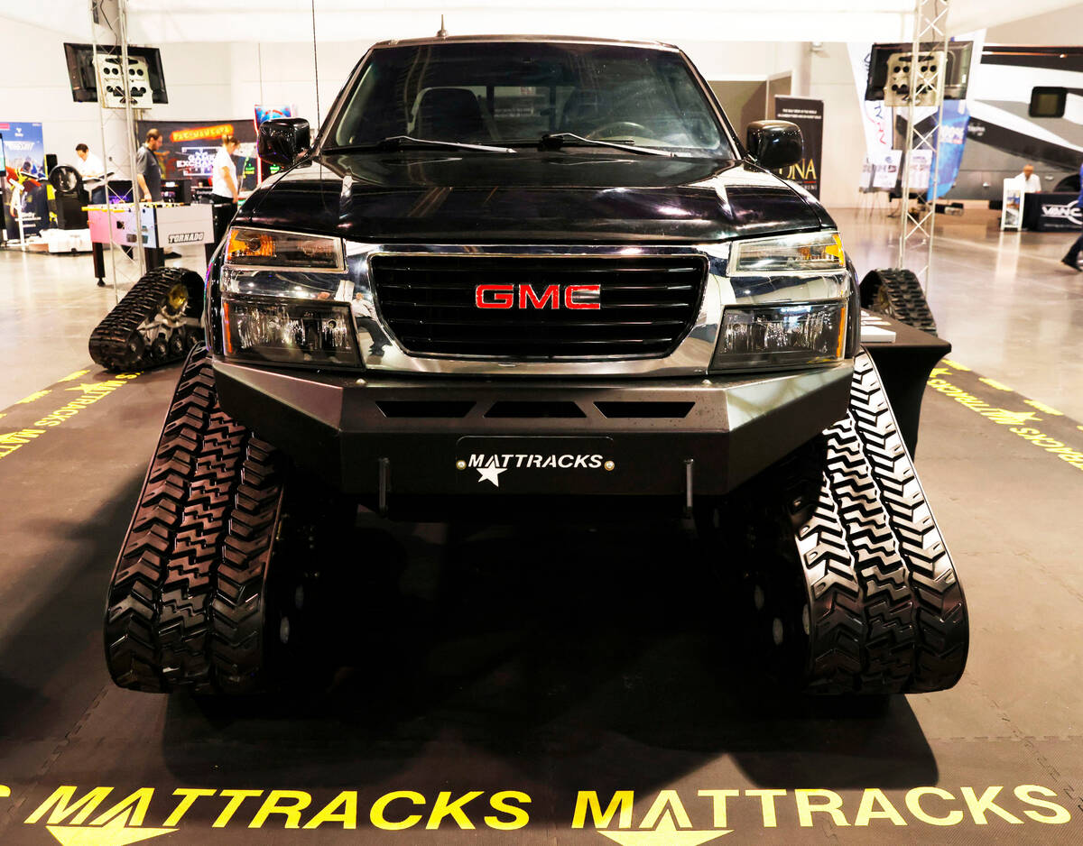 A rubber track made by GMC is displayed during Big Boys Toys Innovation and Luxury Lifestyle Ex ...