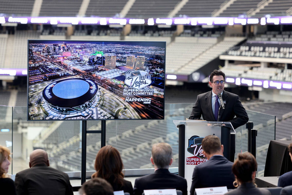 Las Vegas Super Bowl Committee Treasurer Jeremy Aguero at a news conference at Allegiant Stadiu ...