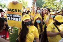 FILE - Susana Lujano, left, a dreamer from Mexico who lives in Houston, joins other activists t ...