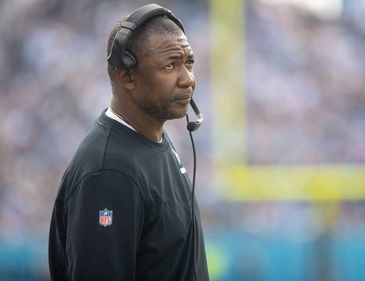 Raiders defensive coordinator Patrick Graham looks on from the sideline during the first half o ...