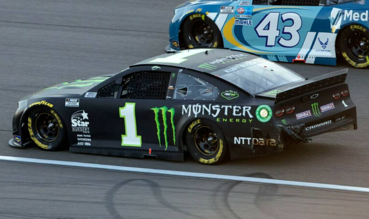 Kurt Busch (1) and Erick Jones (43) race during the 4th Annual South Point 400 race at Las Vega ...