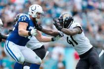Indianapolis Colts offensive tackle Braden Smith (72) blocks as Jacksonville Jaguars linebacker ...